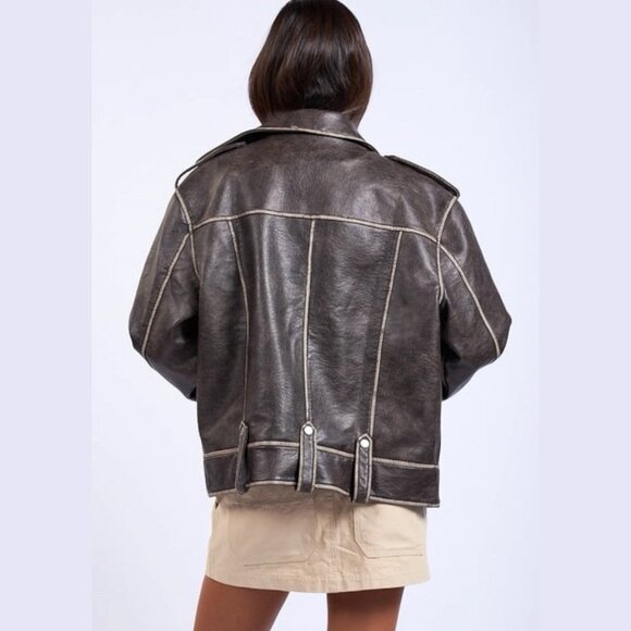 OVERSIZED Vintage Biker Style Vegan Leather Jacket Washed Size S M L Dark Brown - Picture 4 of 10